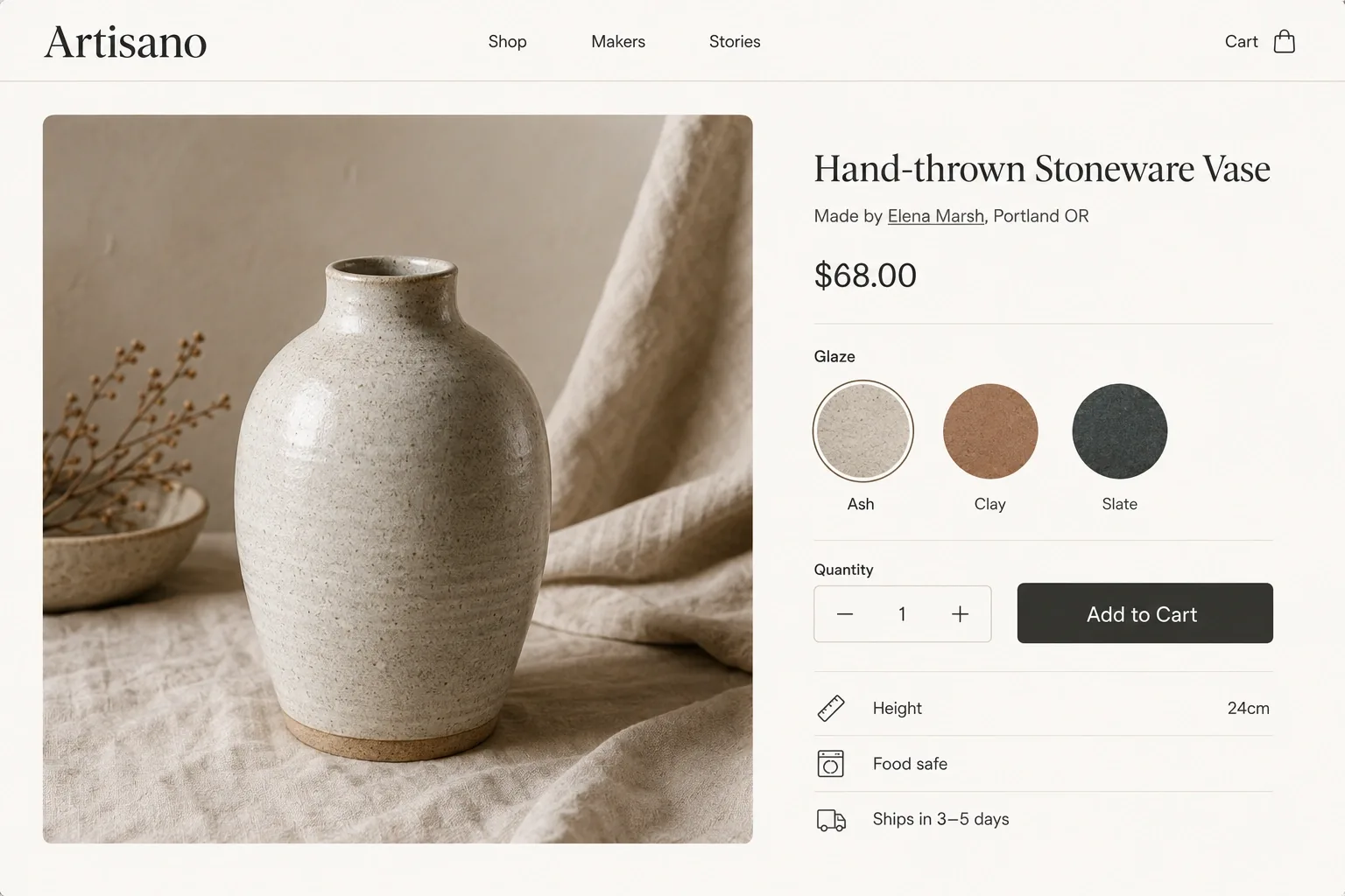 Artisano product page for a hand-thrown stoneware vase