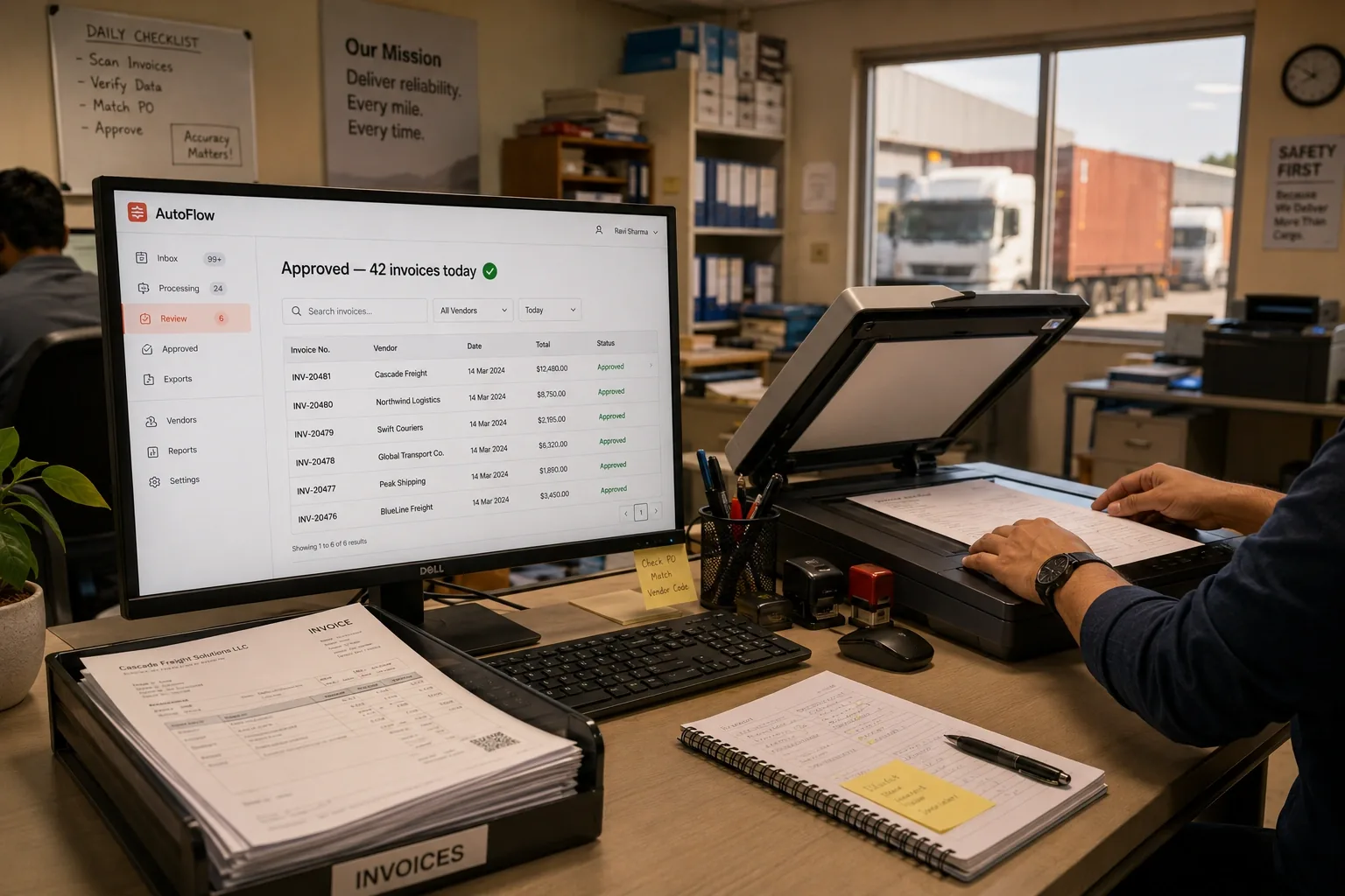Logistics back office scanning paper invoices into AutoFlow