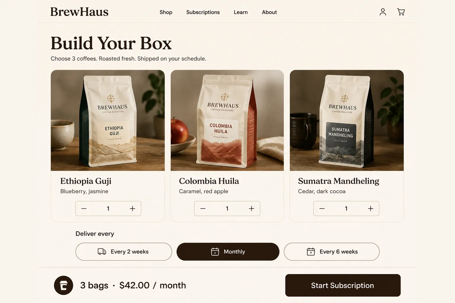 BrewHaus subscription bundle builder showing three coffee origins