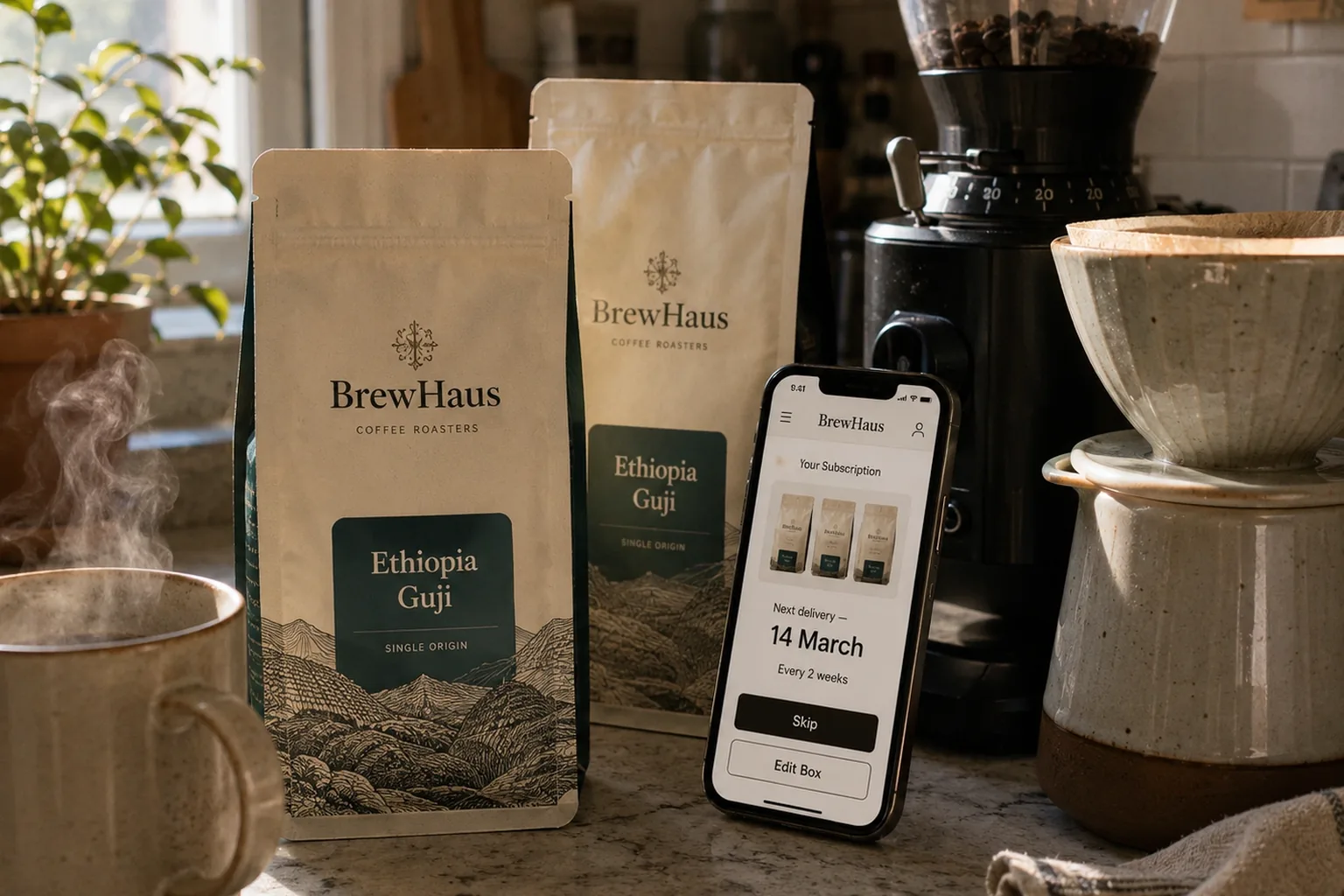 BrewHaus coffee bags and the subscription screen on a kitchen counter