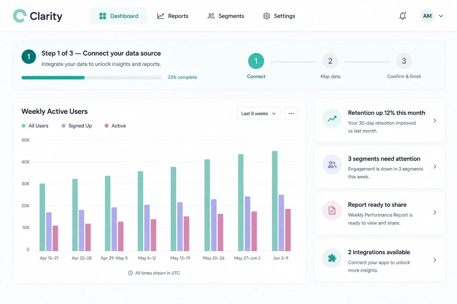 Redesigned Clarity analytics dashboard with a three-step onboarding banner