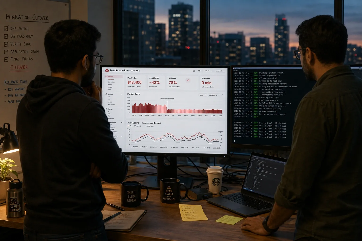 Engineers monitoring the DataStream migration cutover at dusk