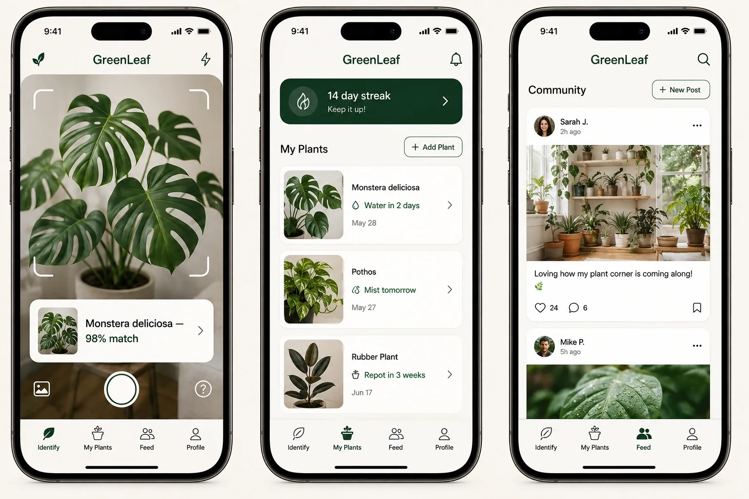 GreenLeaf app screens for plant identification, care scheduling and the community feed