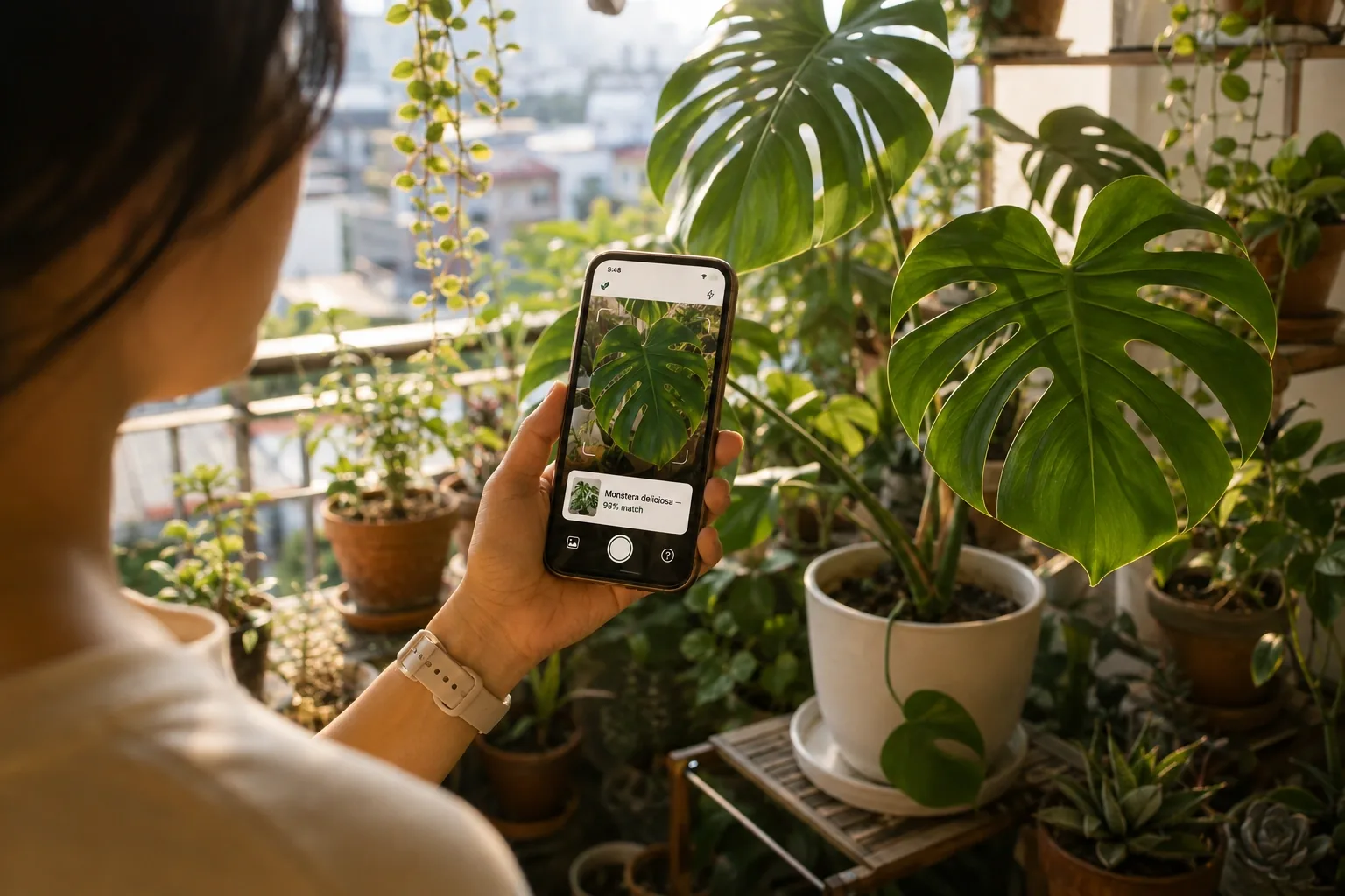 Person scanning a monstera leaf with the GreenLeaf app on a balcony