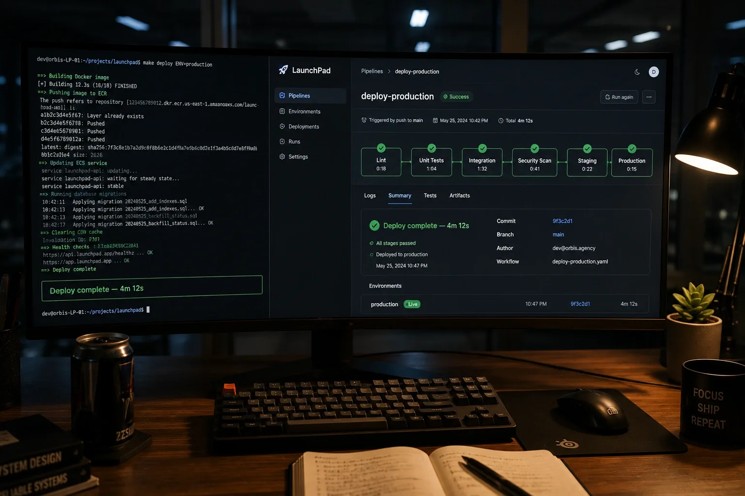 Developer running a production deploy through the LaunchPad pipeline