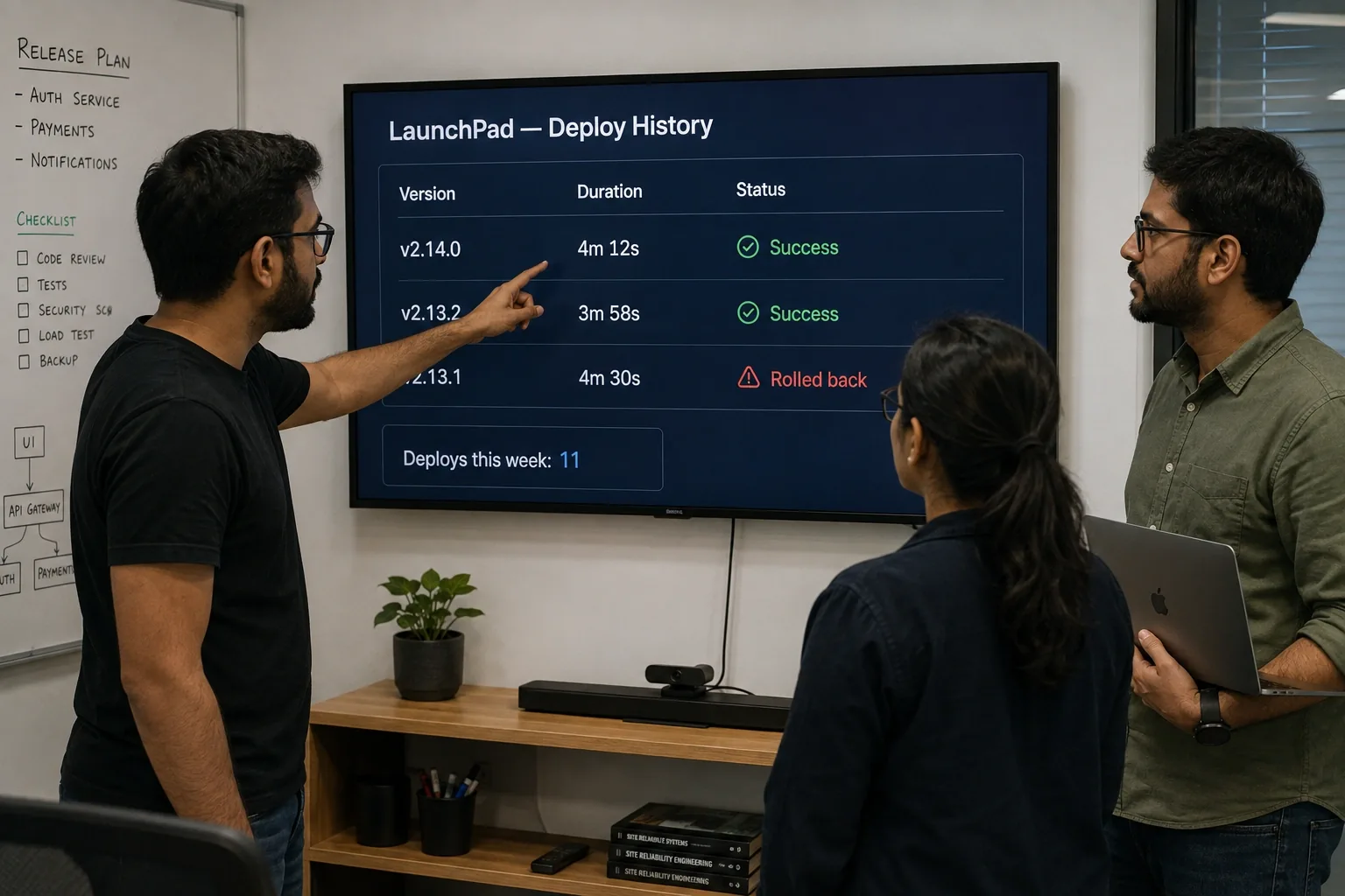 Team reviewing deployment history on a wall display