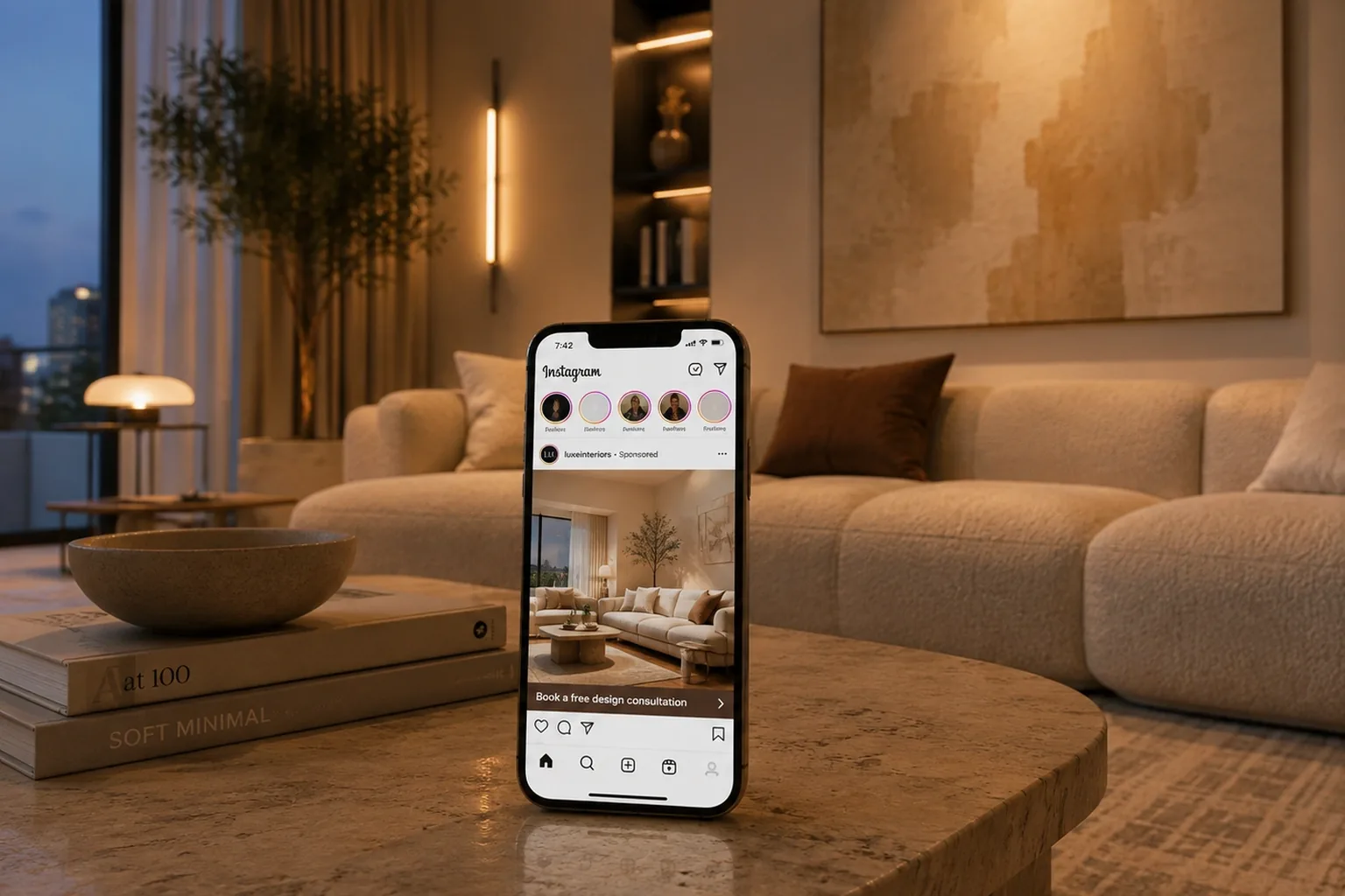Luxe sponsored post displayed on a phone in a styled living room