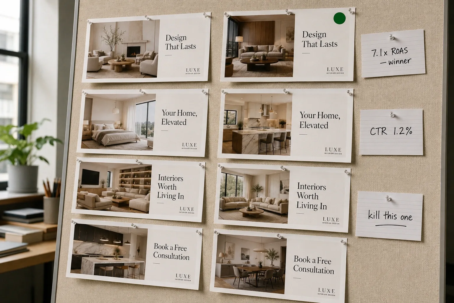Printed ad variants pinned to a studio wall with performance notes