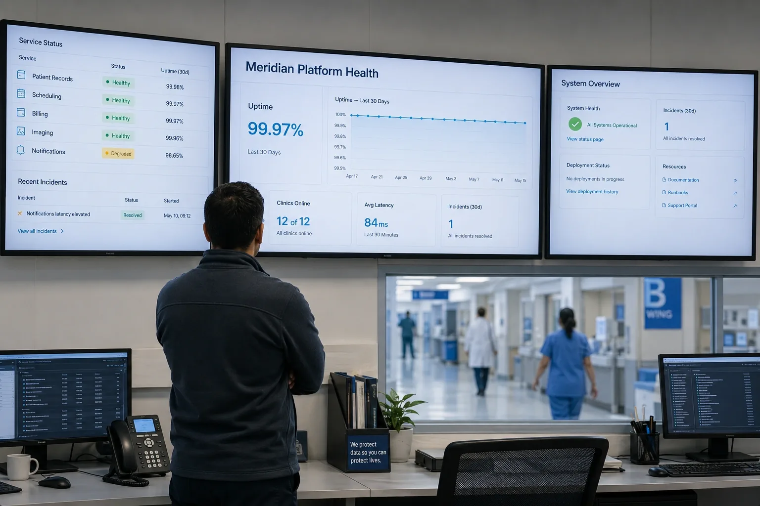 Hospital IT operations room with Meridian dashboards on wall monitors