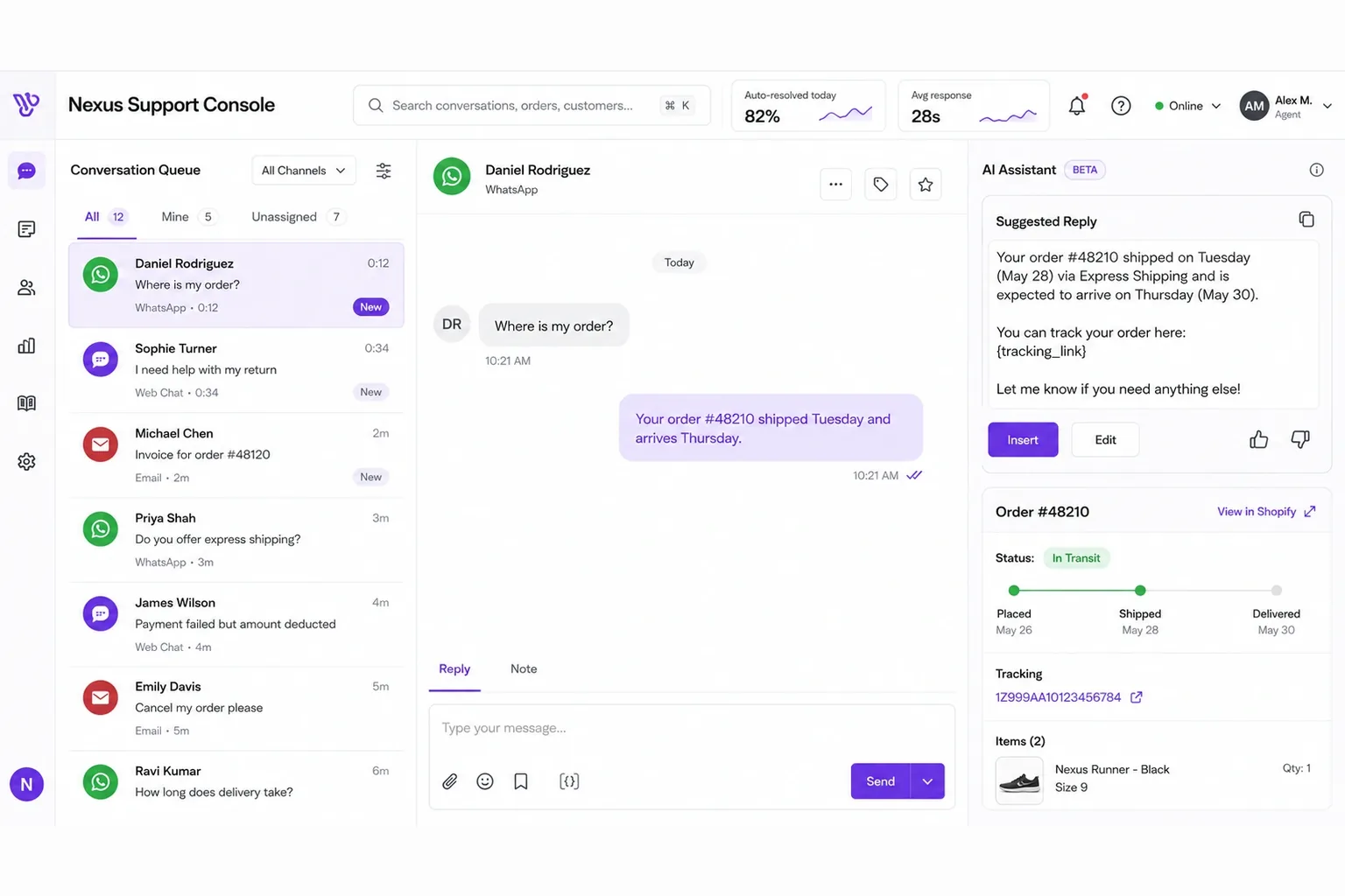 Nexus support console showing the conversation queue and AI suggested replies