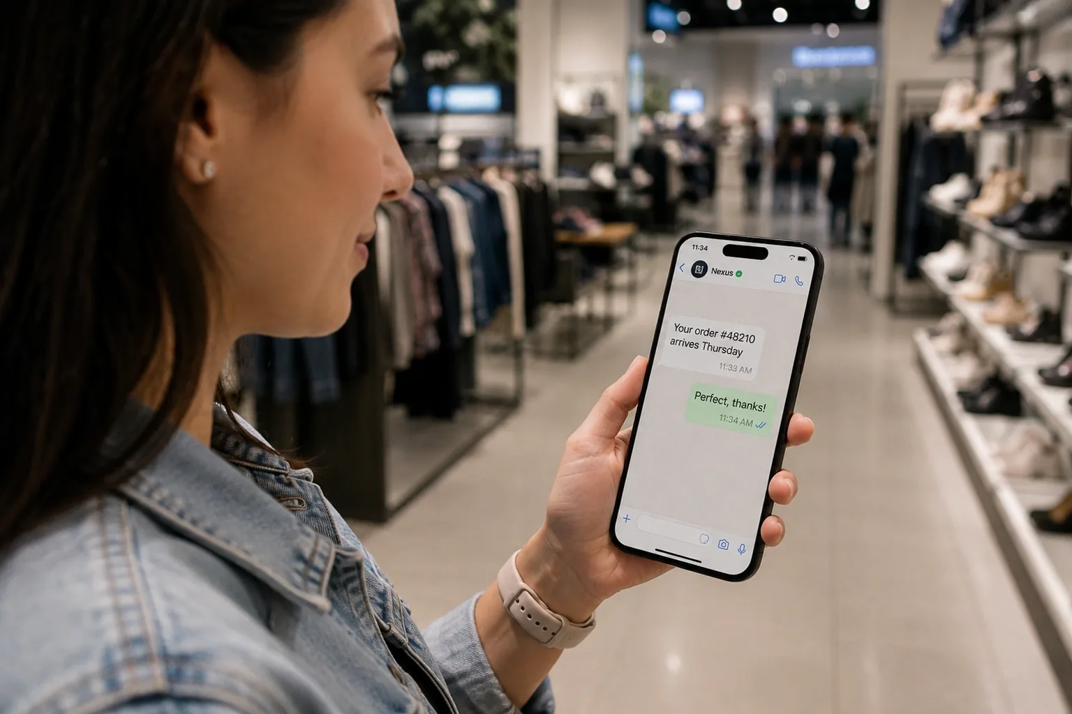 Customer checking an order through the Nexus assistant on a phone in a retail store