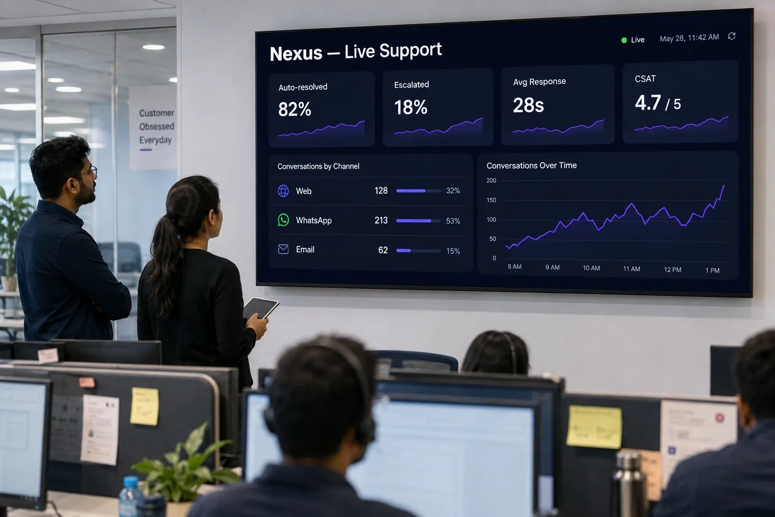 Live support metrics on a wall display in a retail operations centre