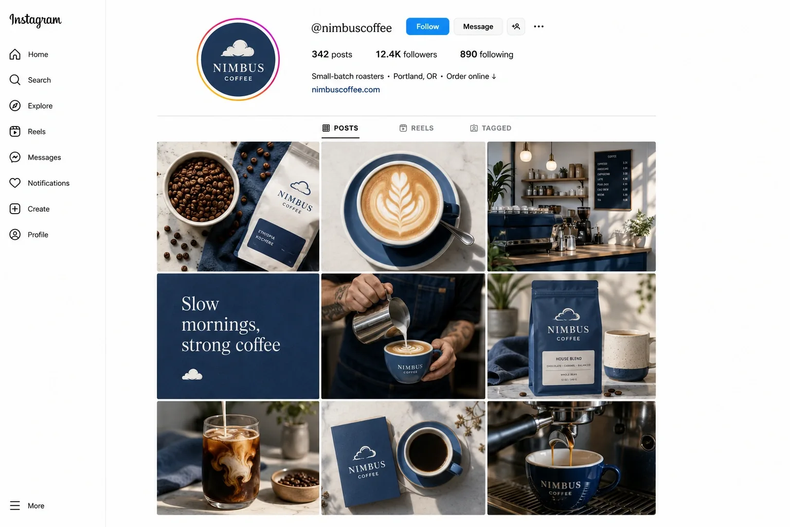 Nimbus Coffee Instagram profile grid of nine branded posts