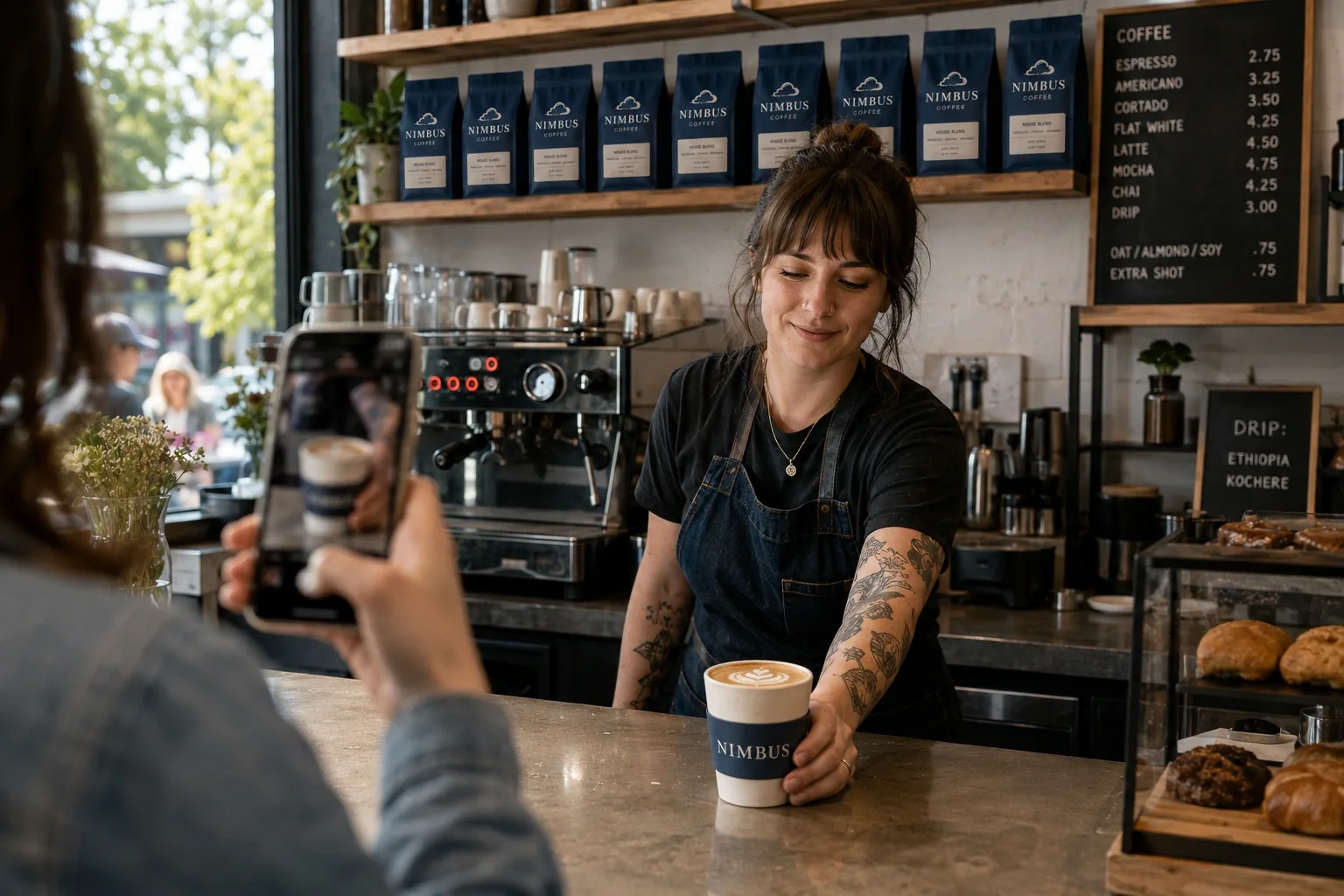 Barista serving coffee in a branded Nimbus cup