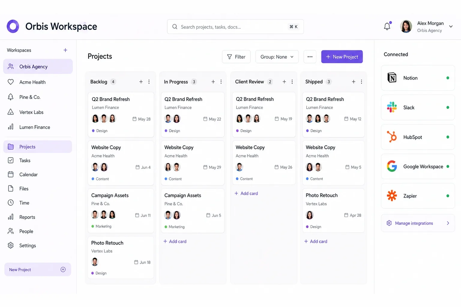 Orbis unified workspace showing a project board and connected integrations