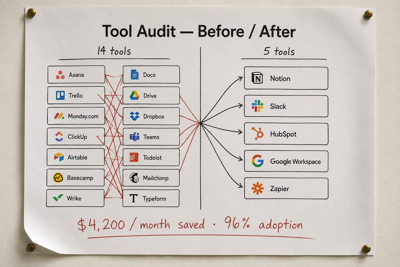 Before-and-after tool audit pinned to a studio wall