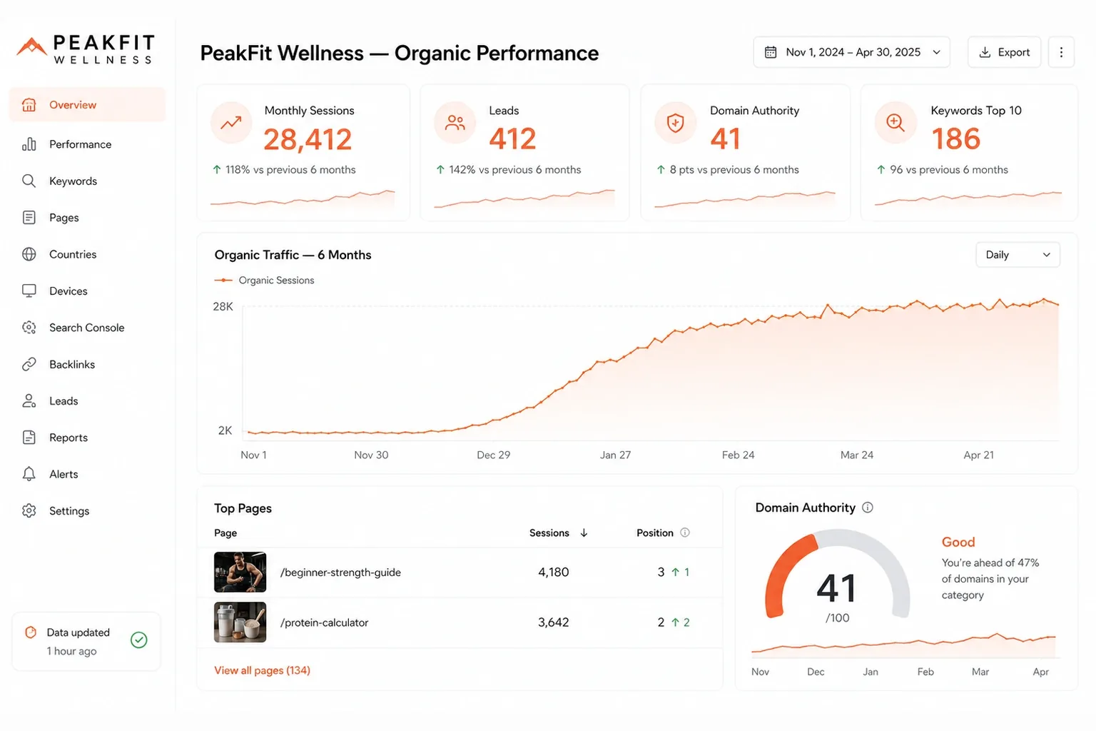 PeakFit organic search performance dashboard