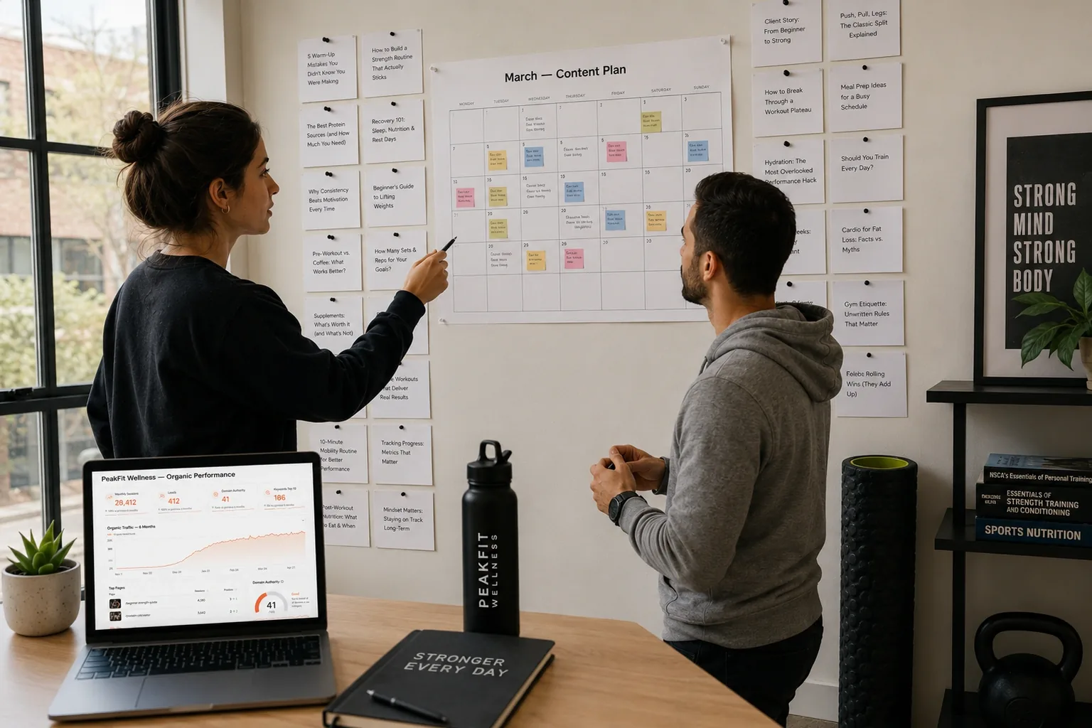 Content team reviewing the editorial calendar at PeakFit