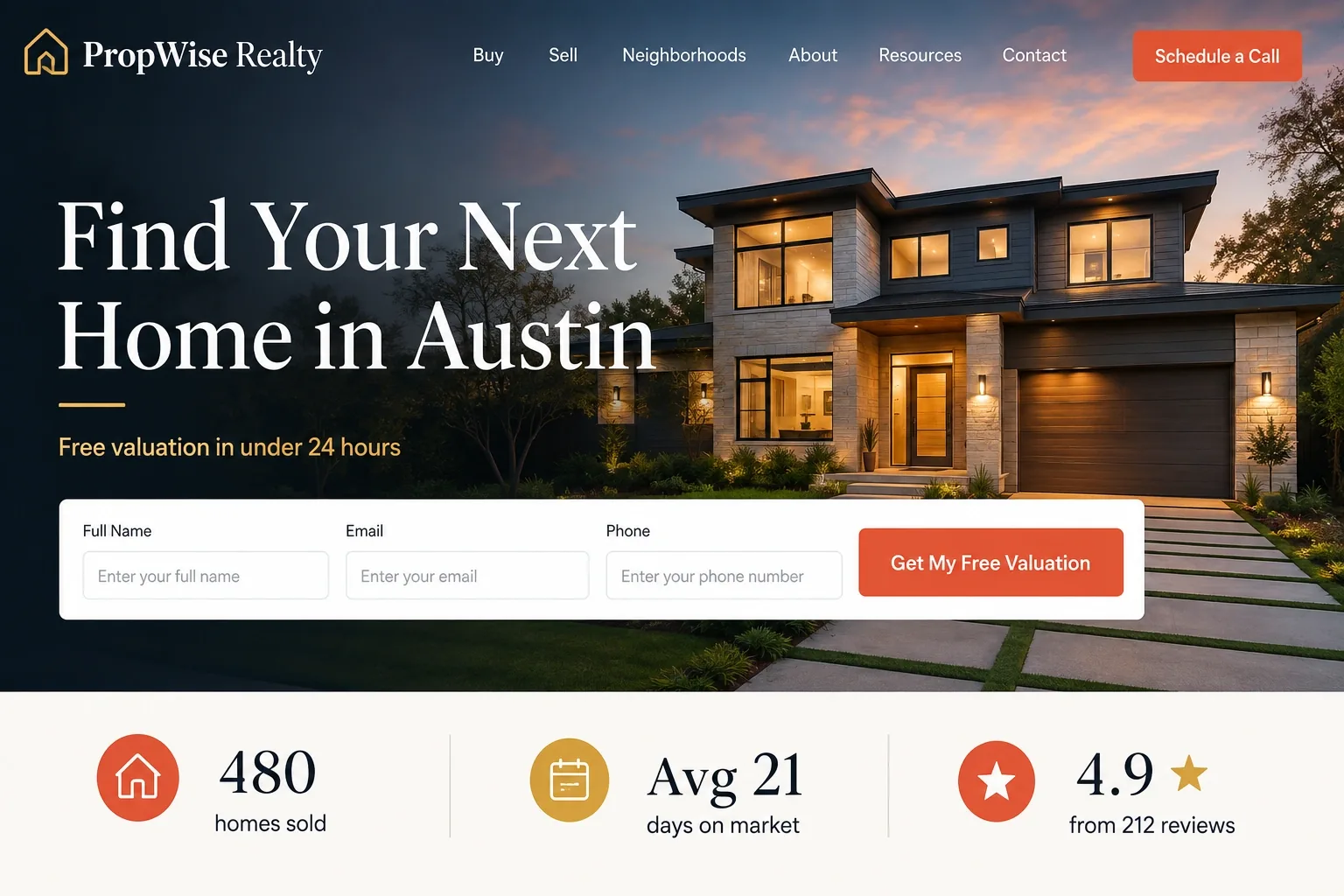 PropWise Realty landing page with a lead capture form