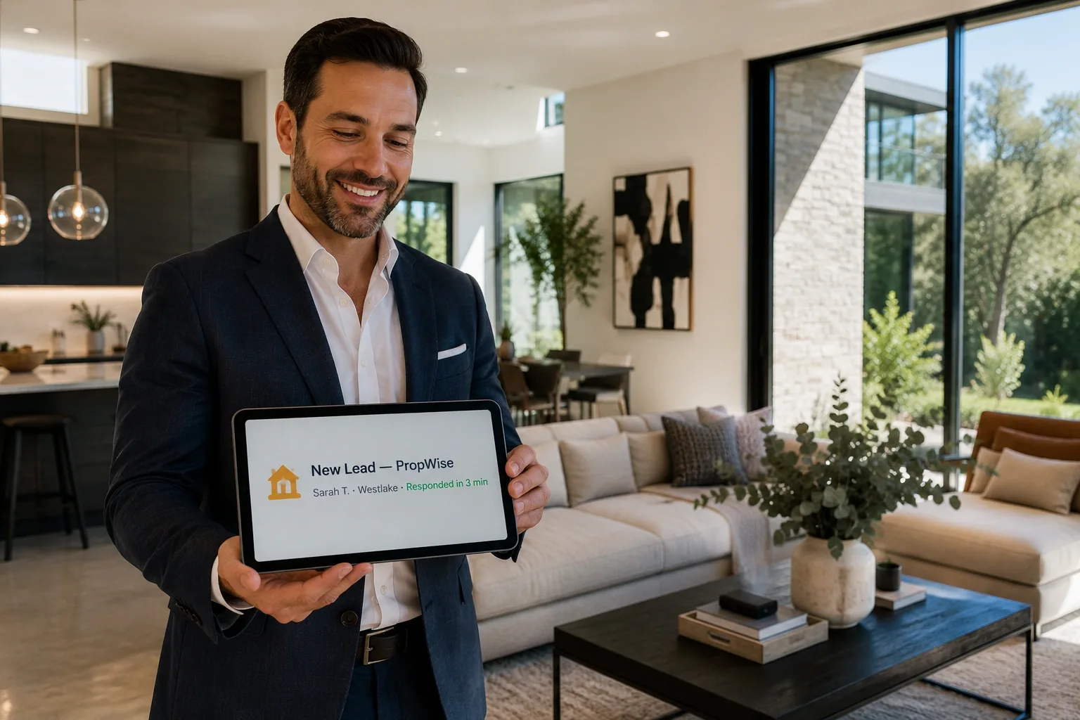 Real estate agent receiving a new lead alert on a tablet in a listed home