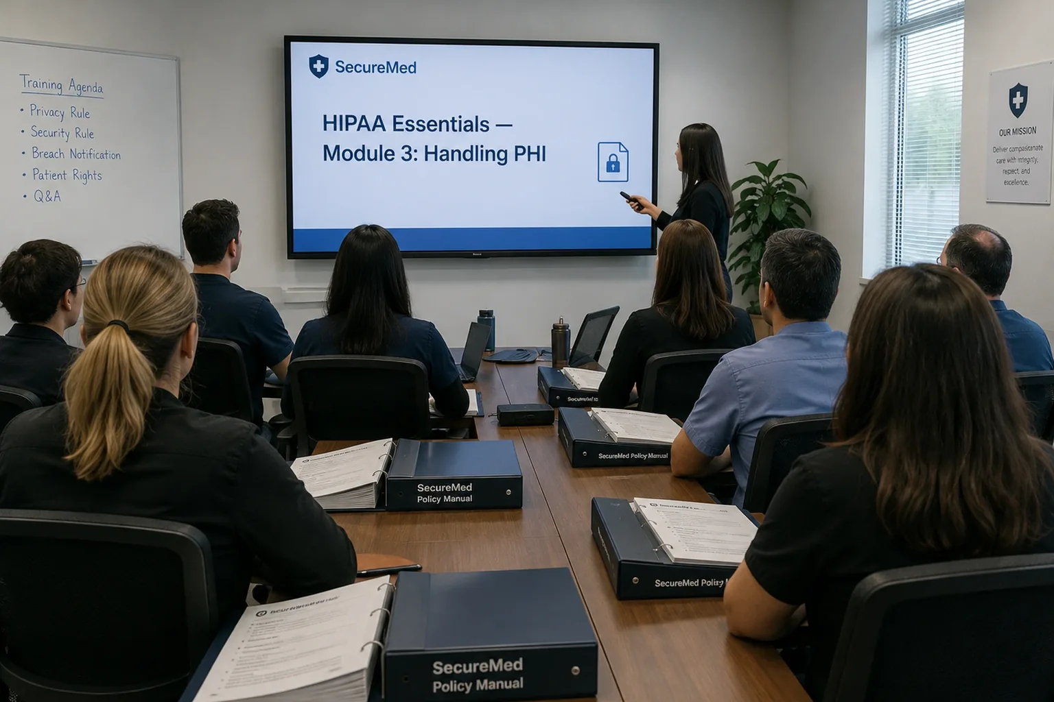 Staff HIPAA training session in a clinic meeting room