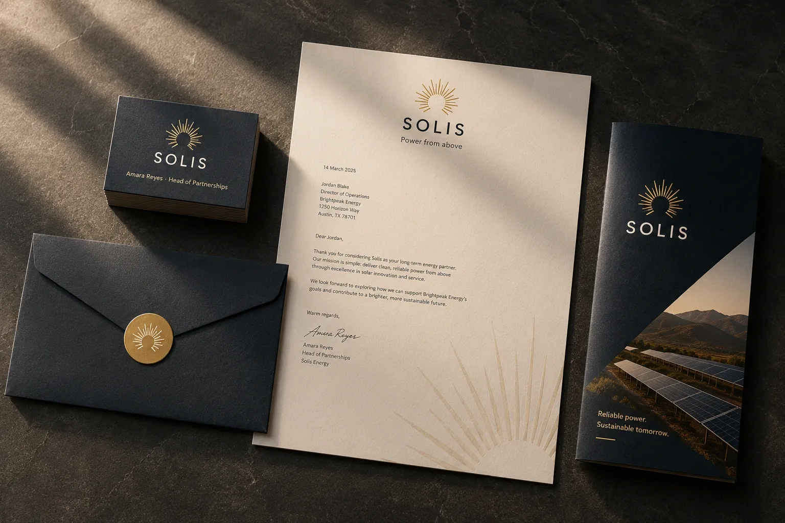 Solis brand collateral including business cards, letterhead and brochure