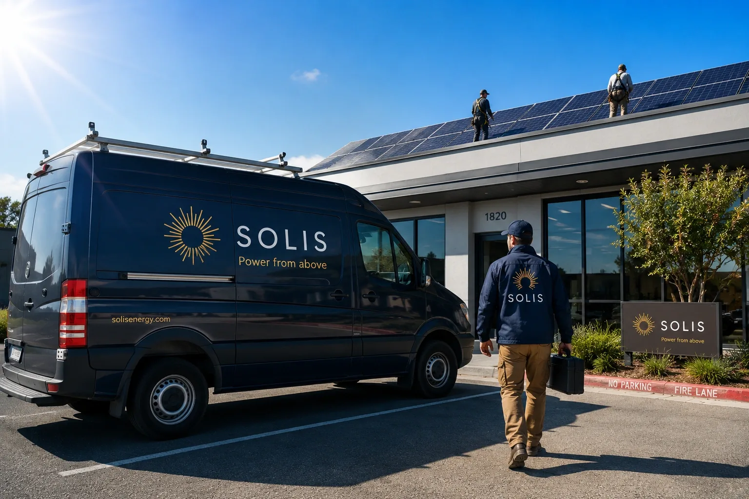 Solis branded service van at a solar installation site