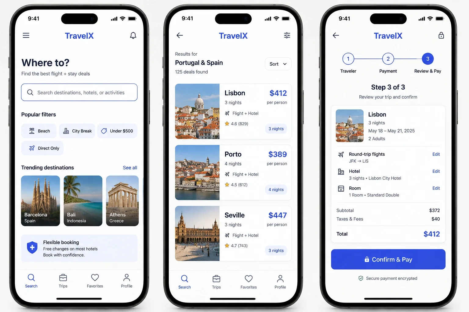 TravelX app screens for search, results and checkout