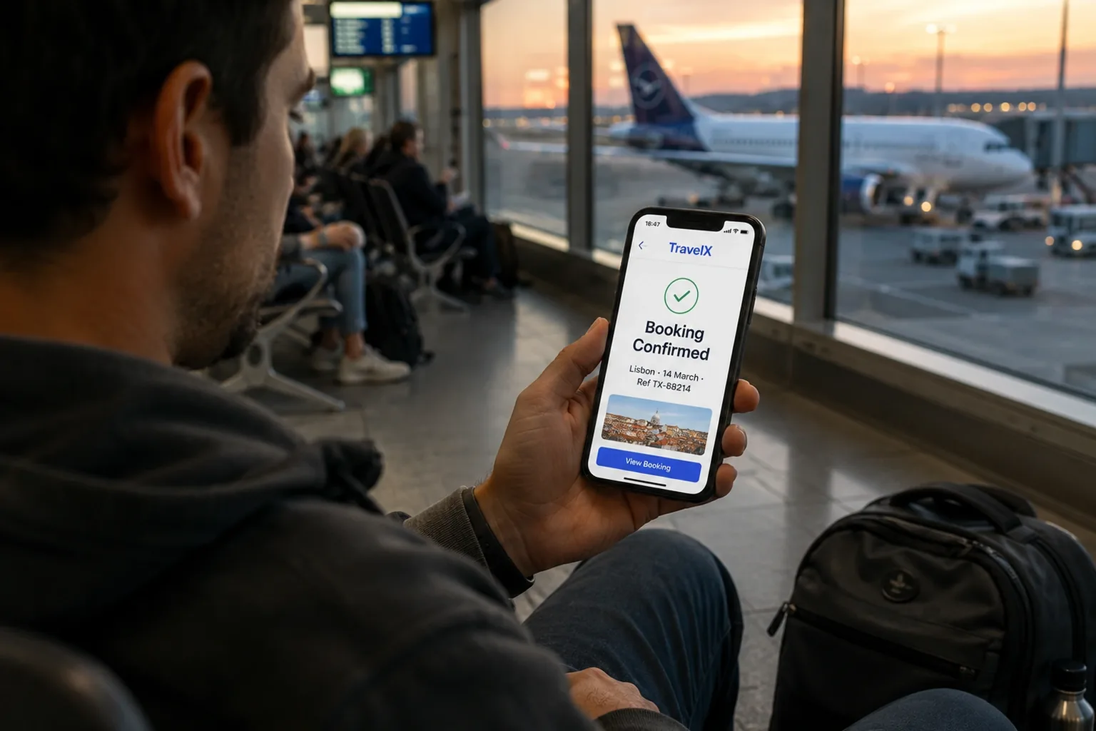 Traveller viewing a TravelX booking confirmation at an airport gate